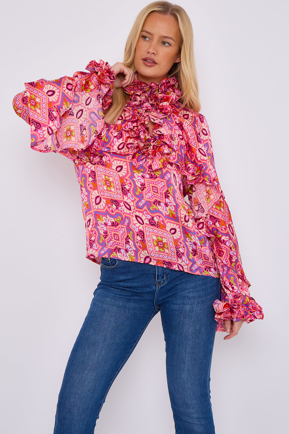 RUFFLE PRINTED BLOUSE (15068967305600)