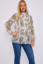 PLEATED LEOPARD HIGHNECK BLOUSE (15067997897088)