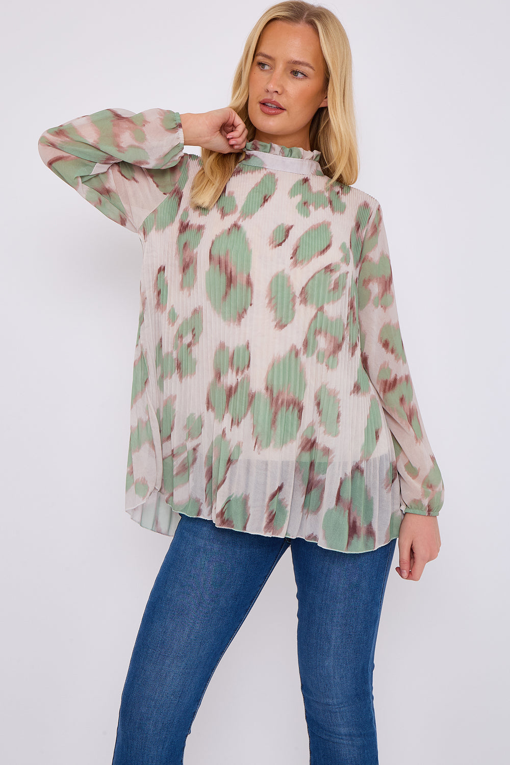 PLEATED LEOPARD HIGHNECK BLOUSE (15067997897088)