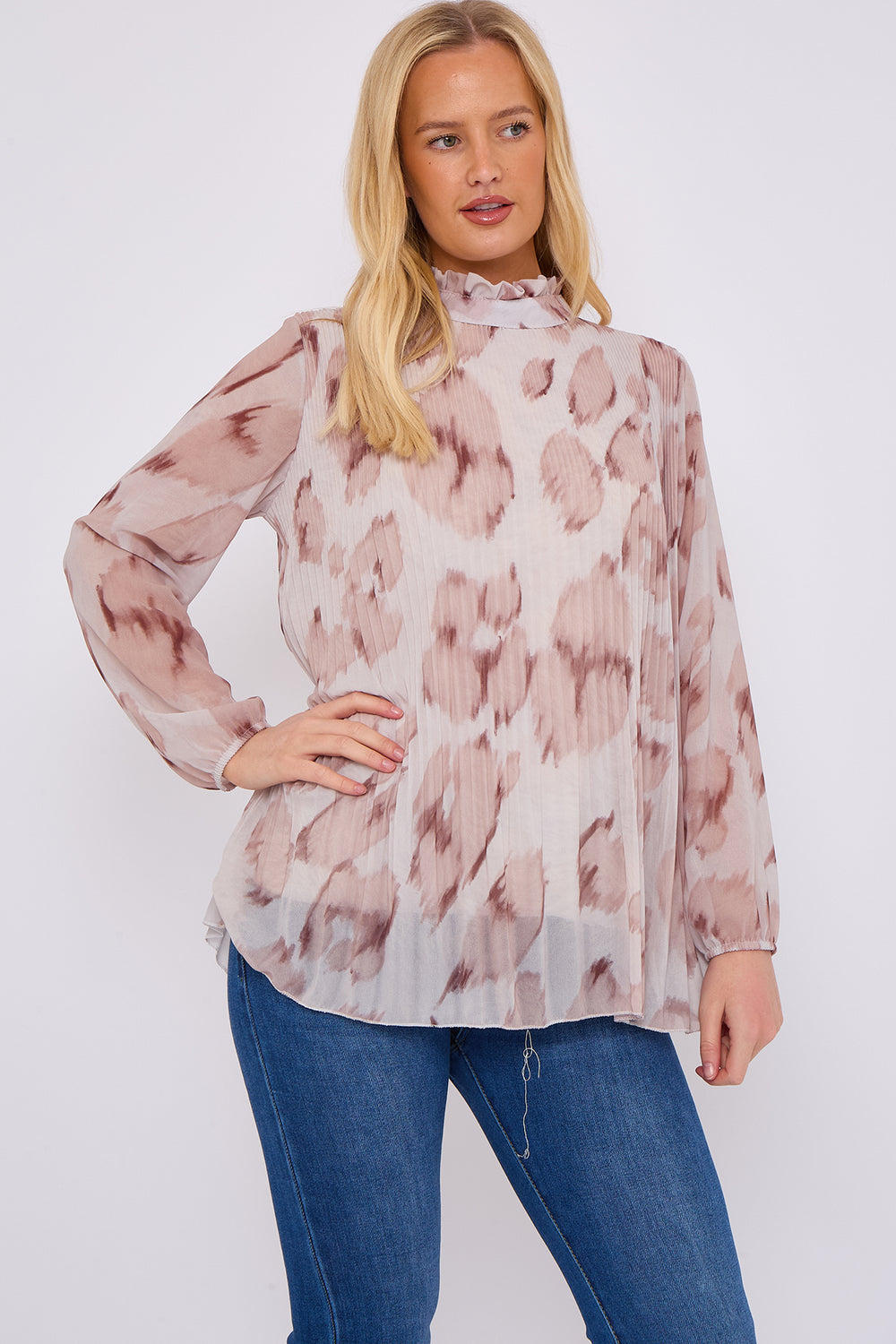 PLEATED LEOPARD HIGHNECK BLOUSE (15068004974976)