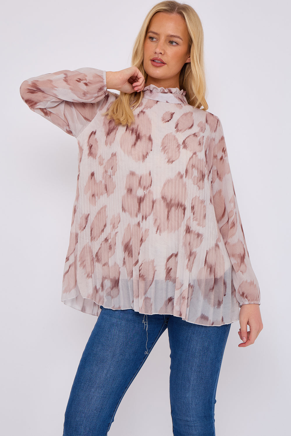 PLEATED LEOPARD HIGHNECK BLOUSE (15068004974976)