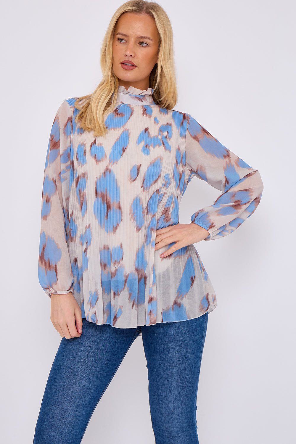 PLEATED LEOPARD HIGHNECK BLOUSE (15068001632640)