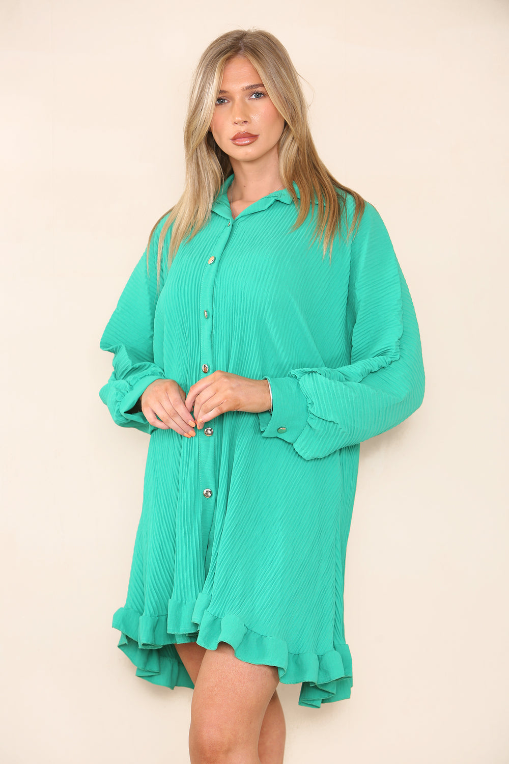 GOLD BUTTON PLEATED LONG SLEEVE OVERSIZED SHIRT (8027076264184)