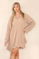 GOLD BUTTON PLEATED LONG SLEEVE OVERSIZED SHIRT (8027075903736)