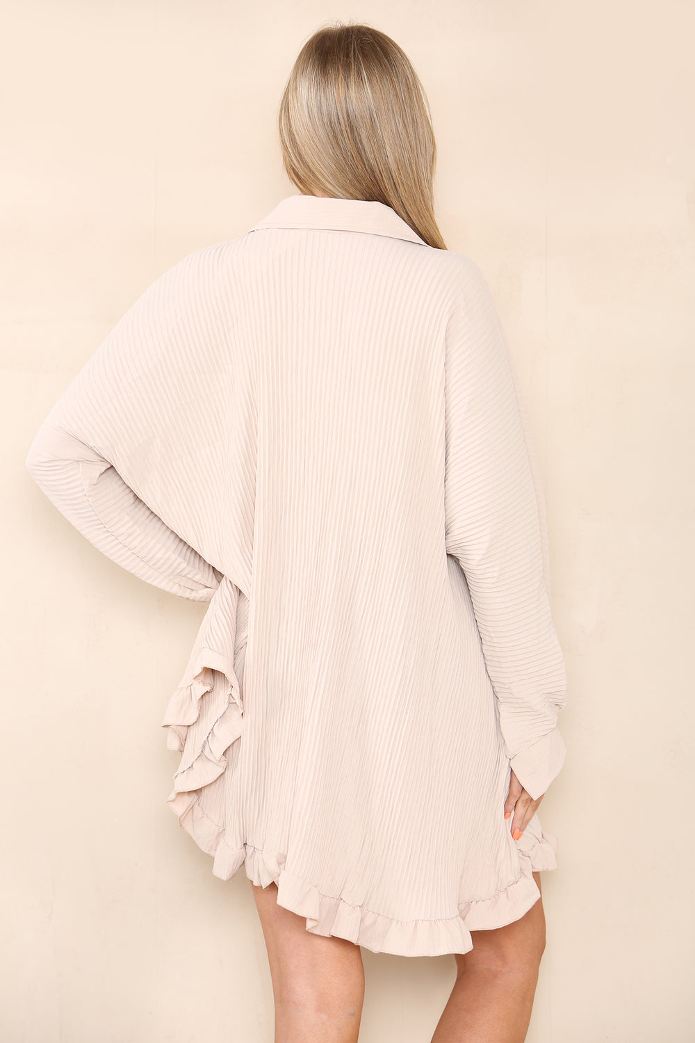 GOLD BUTTON PLEATED LONG SLEEVE OVERSIZED SHIRT (8027076919544)