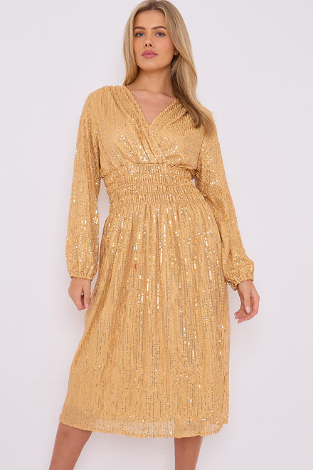 DALLAS SEQUIN GATHERED LONGSLEEVE DRESS (14803661947264)