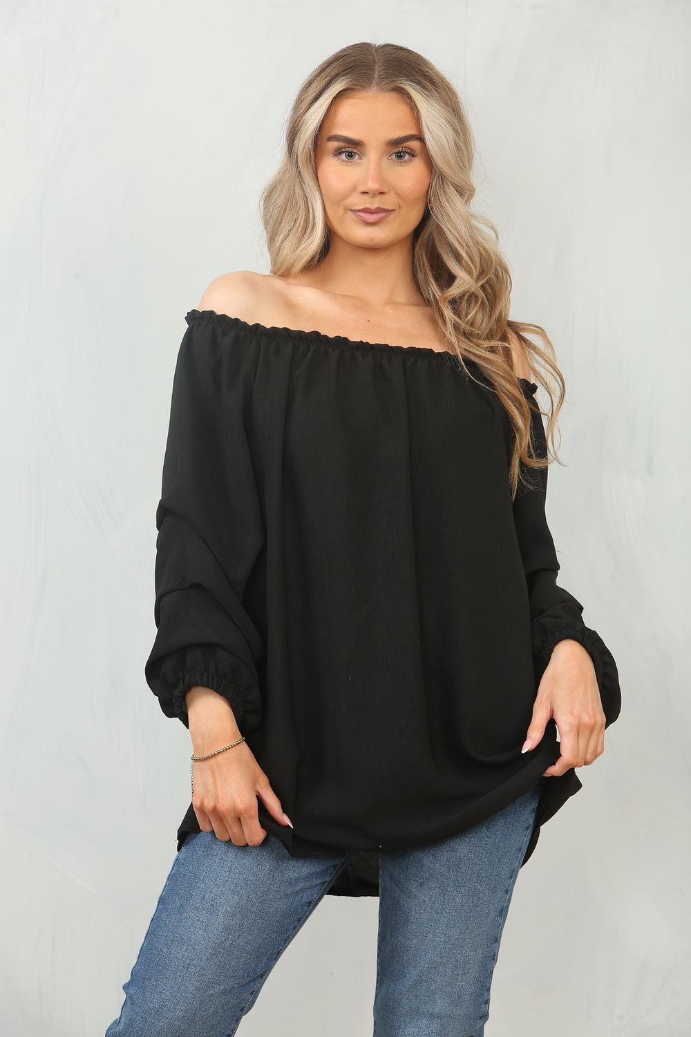 RUCHED SLEEVE OFF SHOULDER BLOUSE (15095584588160)