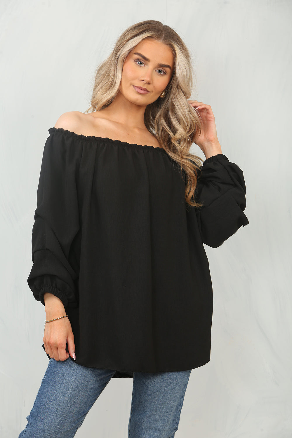 RUCHED SLEEVE OFF SHOULDER BLOUSE (15095584588160)