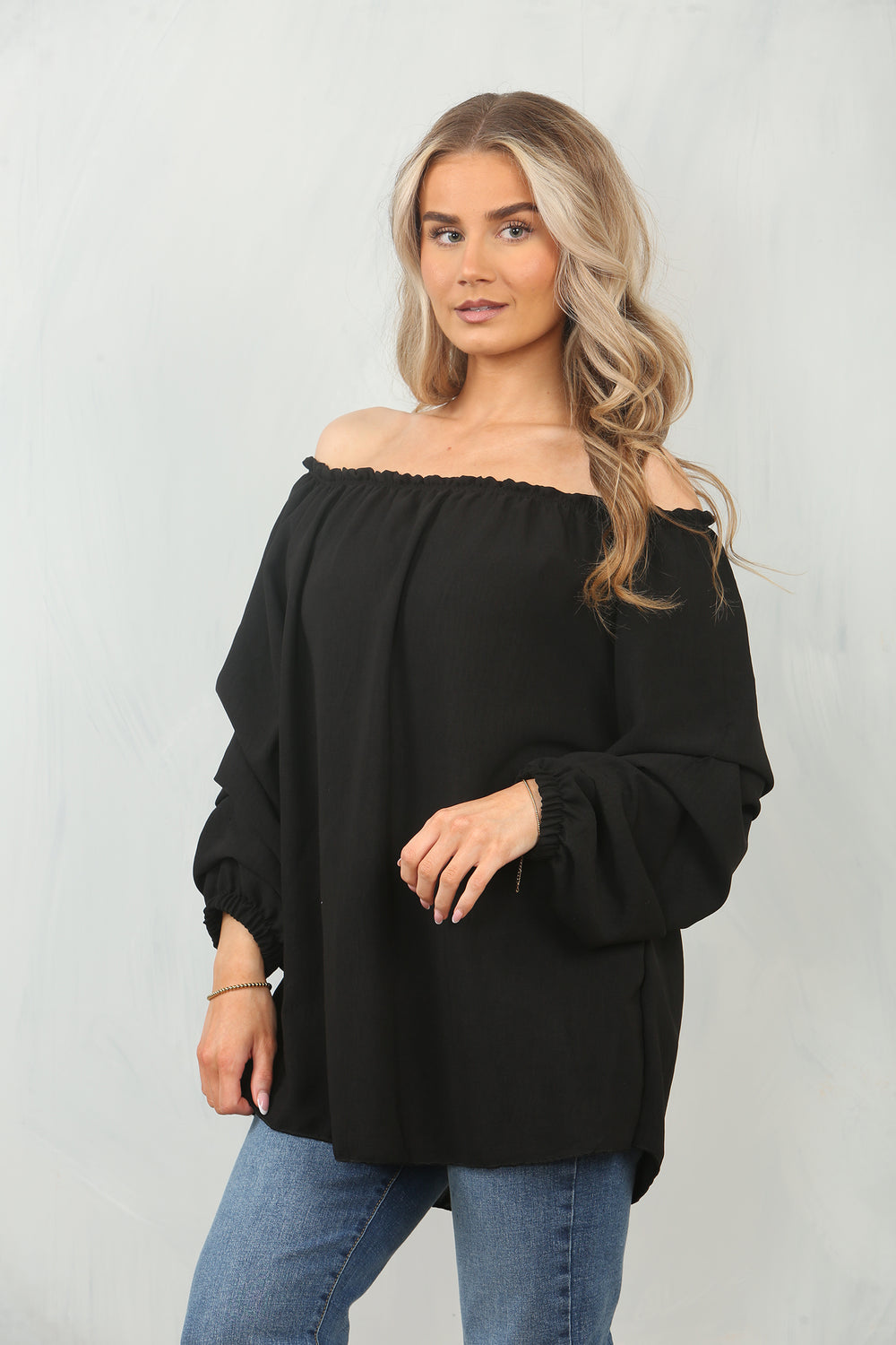 RUCHED SLEEVE OFF SHOULDER BLOUSE (15095584588160)