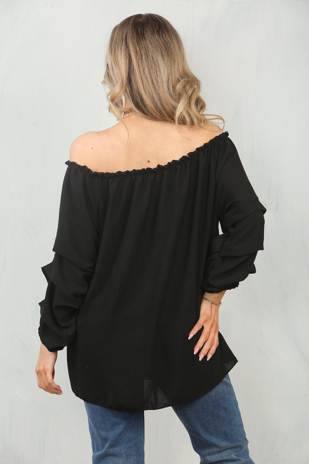 RUCHED SLEEVE OFF SHOULDER BLOUSE (15095584588160)