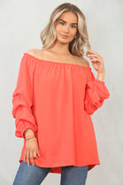 RUCHED SLEEVE OFF SHOULDER BLOUSE (15095580230016) (15100273361280)