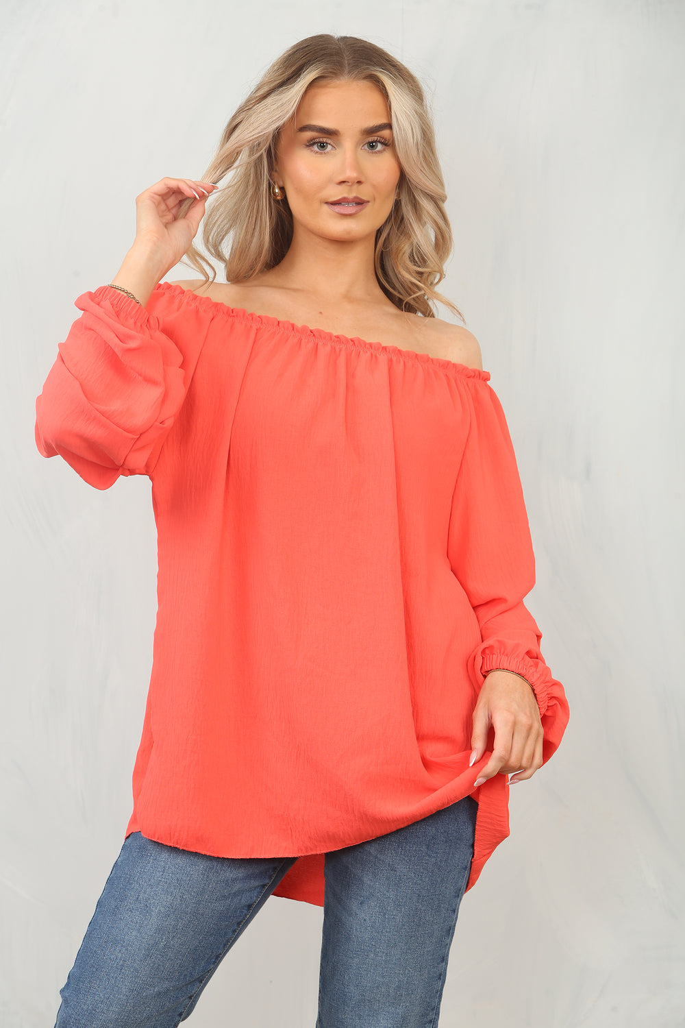 RUCHED SLEEVE OFF SHOULDER BLOUSE (15095580230016) (15100273361280)