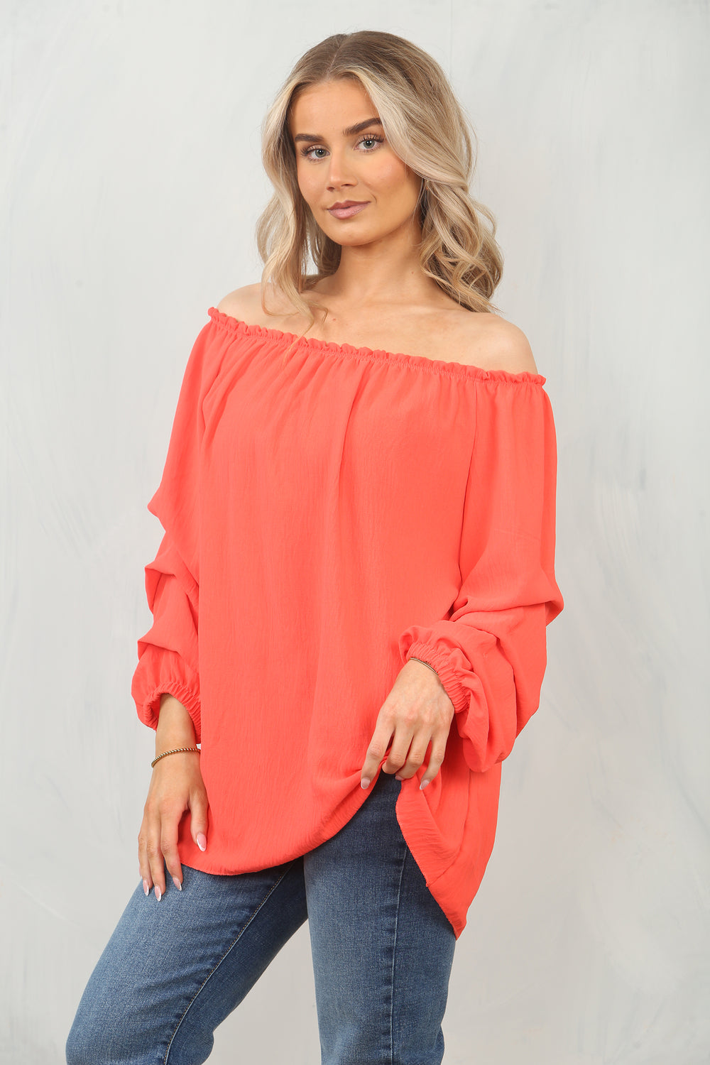 RUCHED SLEEVE OFF SHOULDER BLOUSE (15095580230016) (15100273361280)