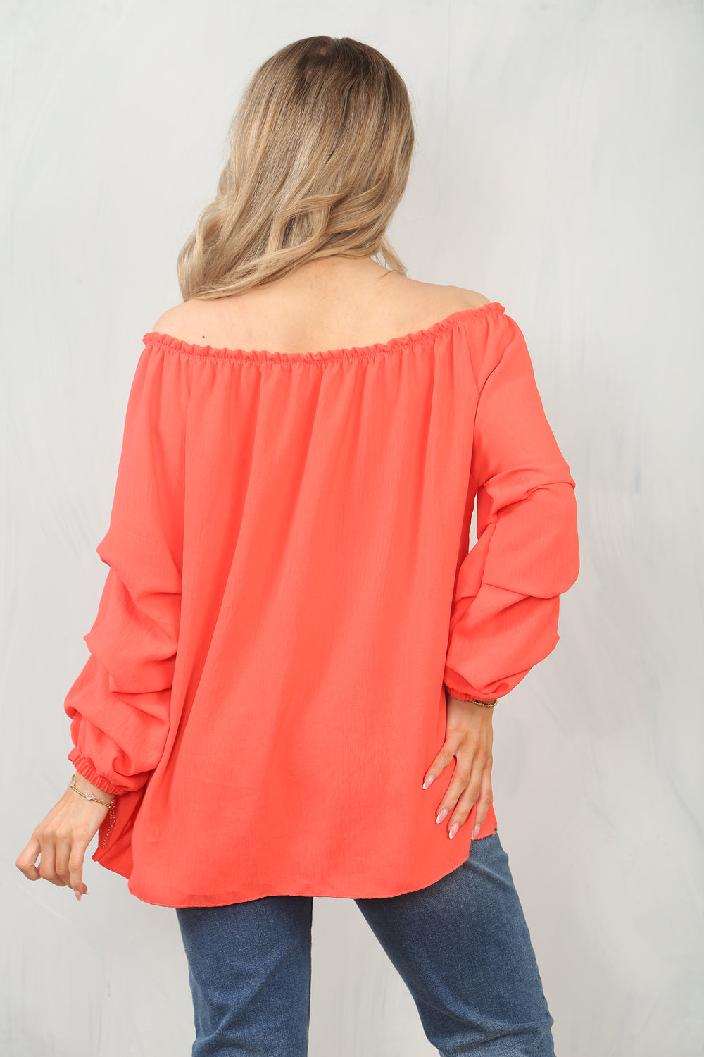 RUCHED SLEEVE OFF SHOULDER BLOUSE (15095580230016) (15100273361280)