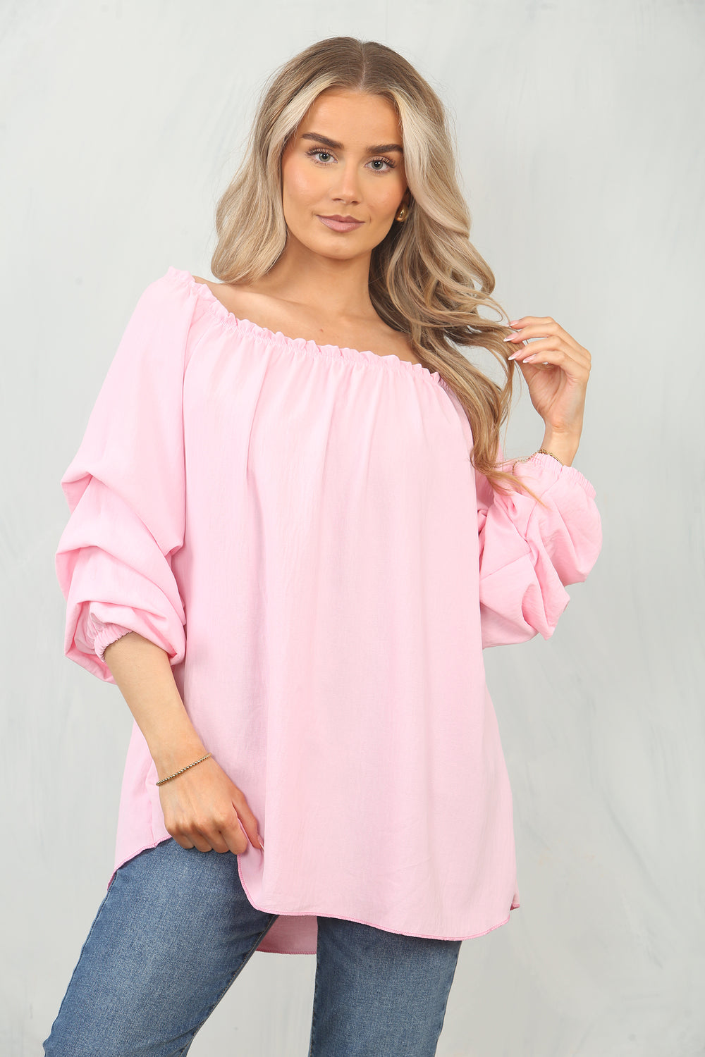 RUCHED SLEEVE OFF SHOULDER BLOUSE (15095585538432)