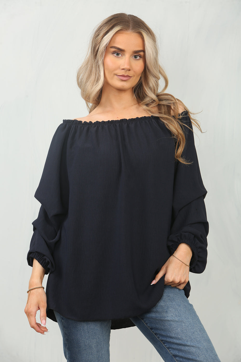 RUCHED SLEEVE OFF SHOULDER BLOUSE (15095588389248)