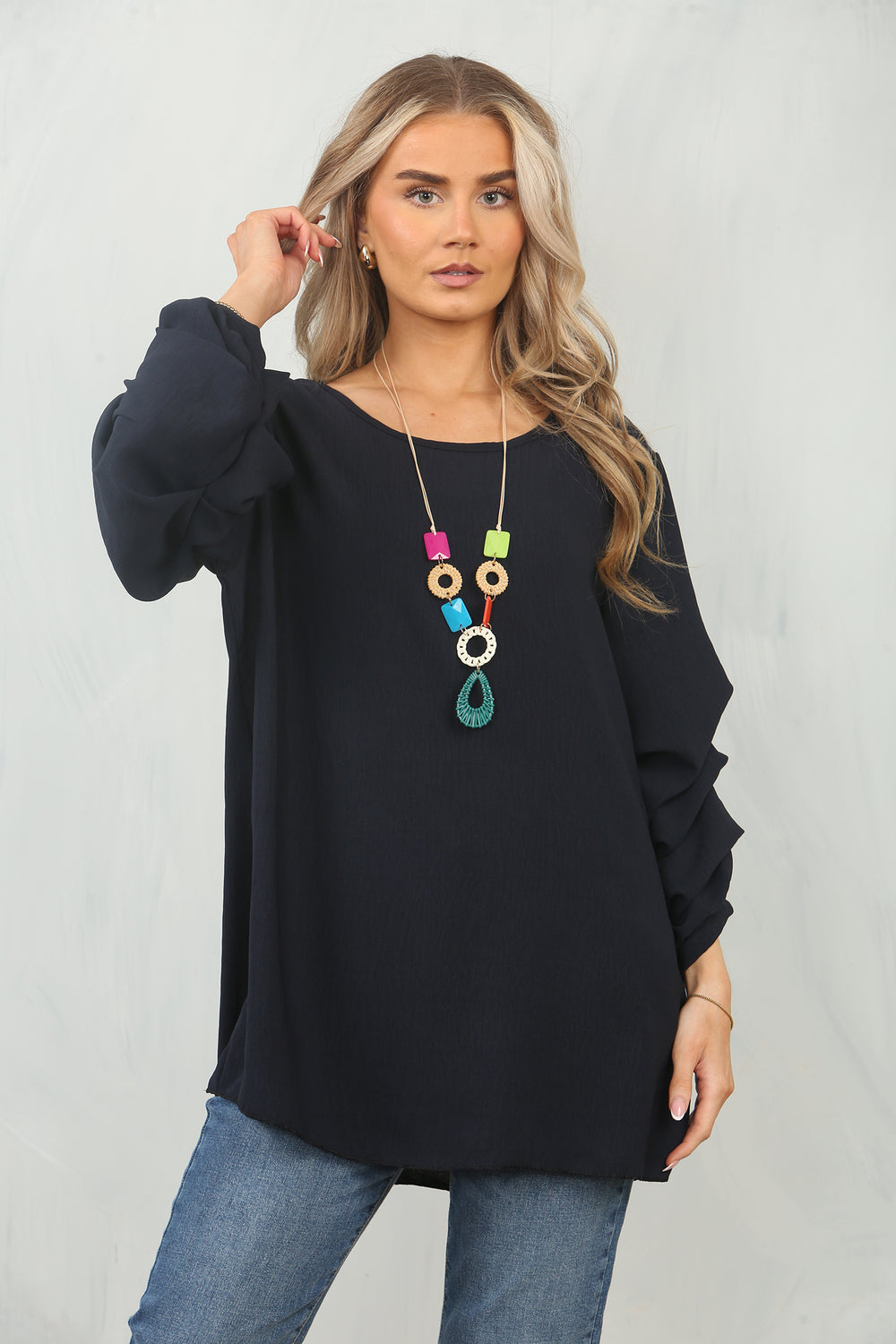 RUCHED SLEEVE NECKLACE BLOUSE (15091793133952)