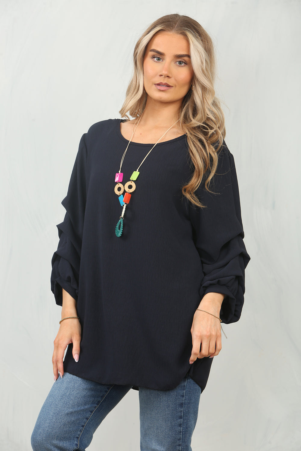 RUCHED SLEEVE NECKLACE BLOUSE (15091793133952)