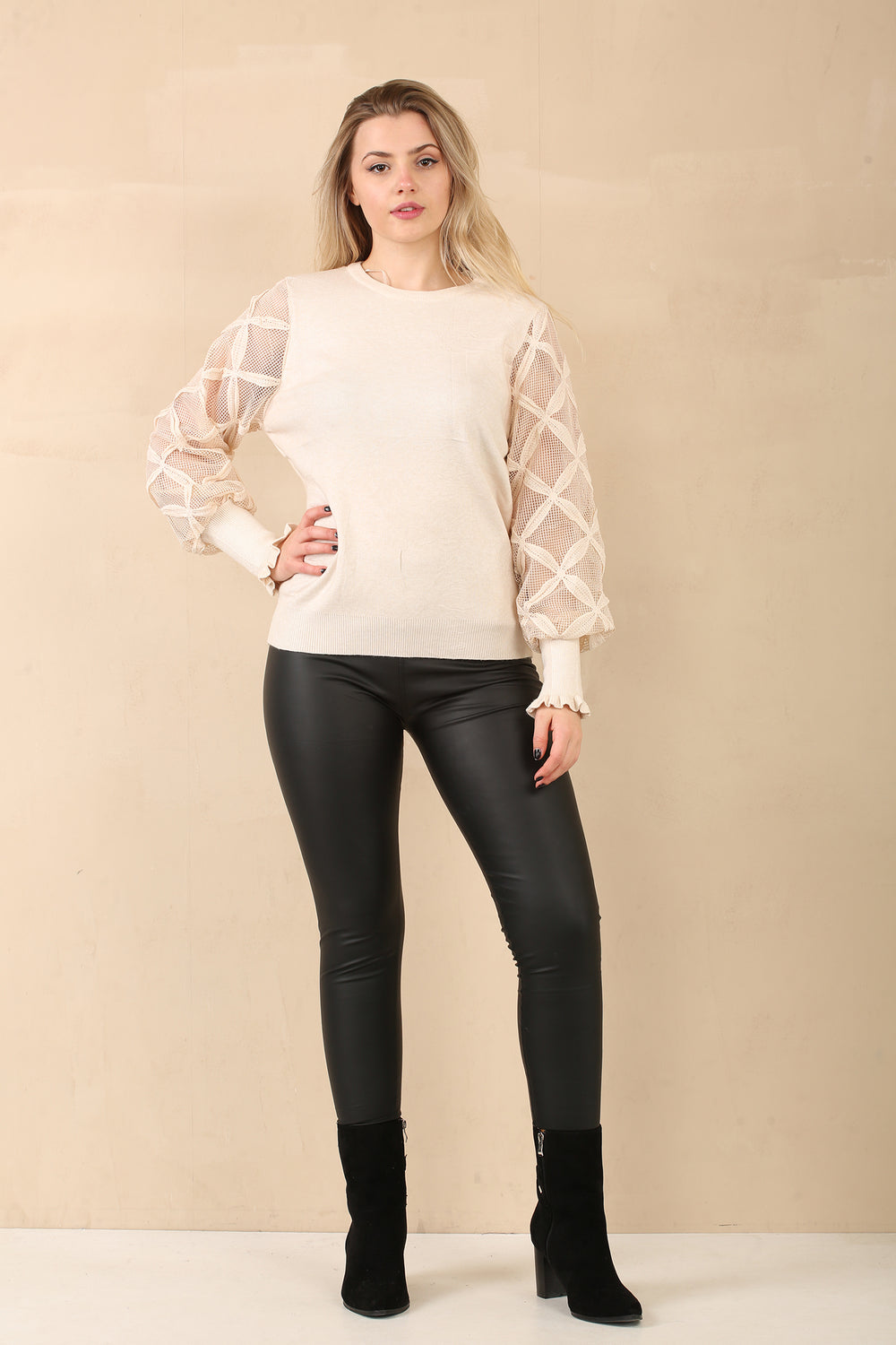 LACE PATTERN SLEEVE JUMPER (14960247374208)