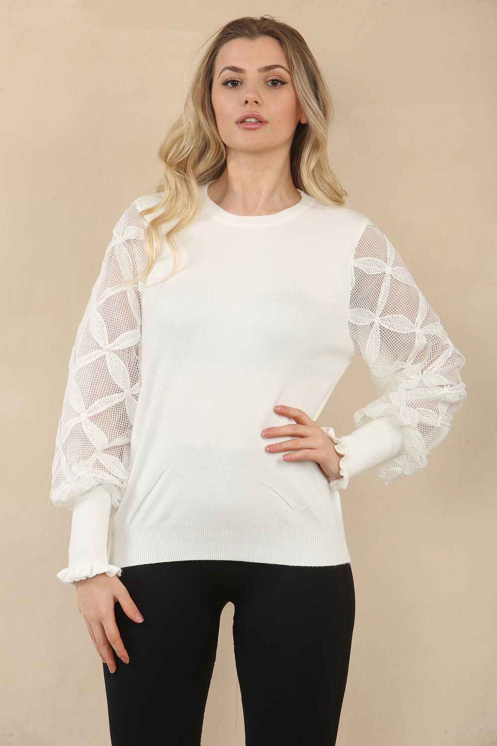 LACE PATTERN SLEEVE JUMPER (15068870607232)