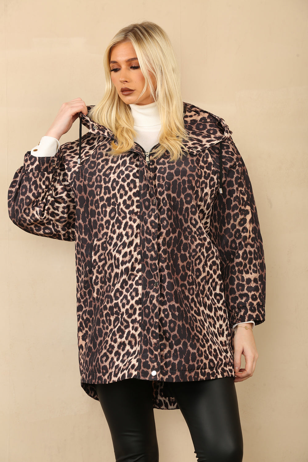 LEOPARD ZIP DETAIL HOODED COAT (14671496937856)