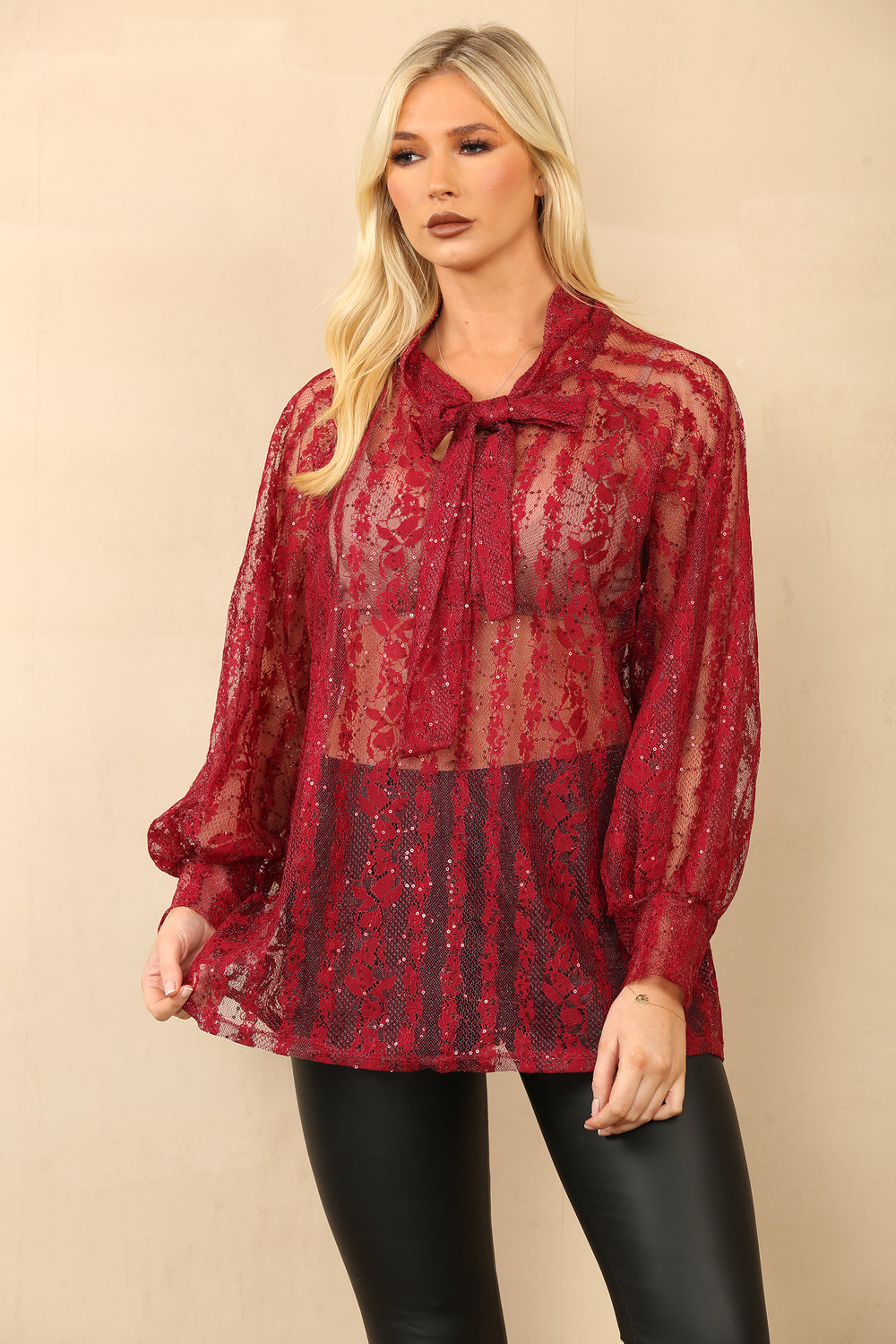 BOW LACE SEQUIN TRIM BLOUSE (14778383794560)