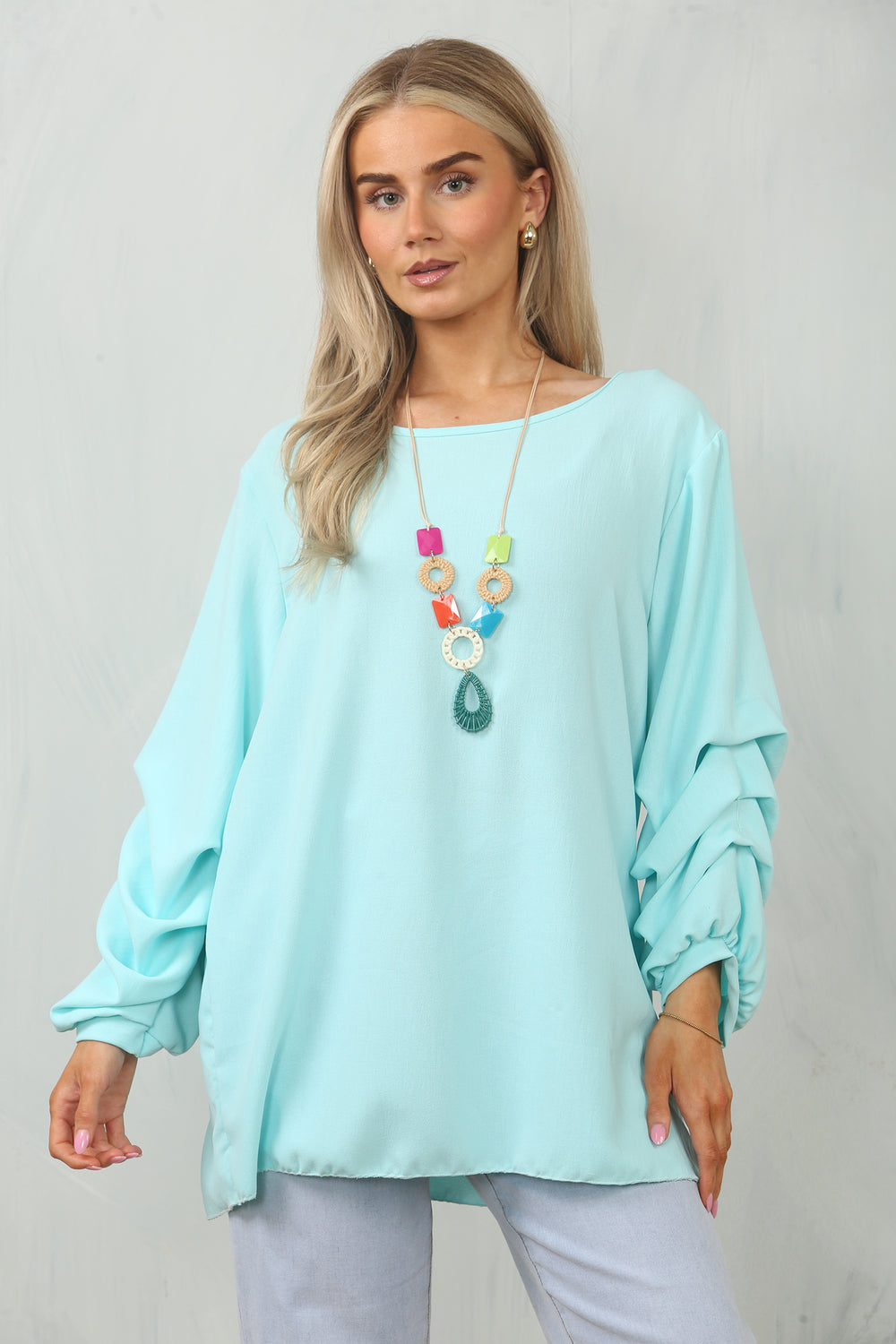 RUCHED SLEEVE NECKLACE BLOUSE (15101007364480)