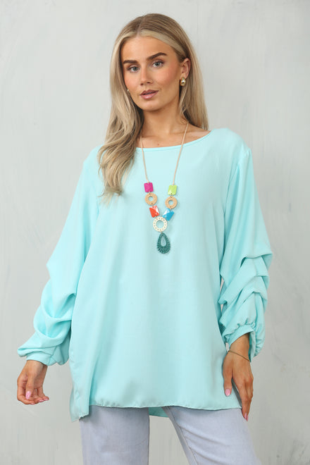 RUCHED SLEEVE NECKLACE BLOUSE (15101007364480)