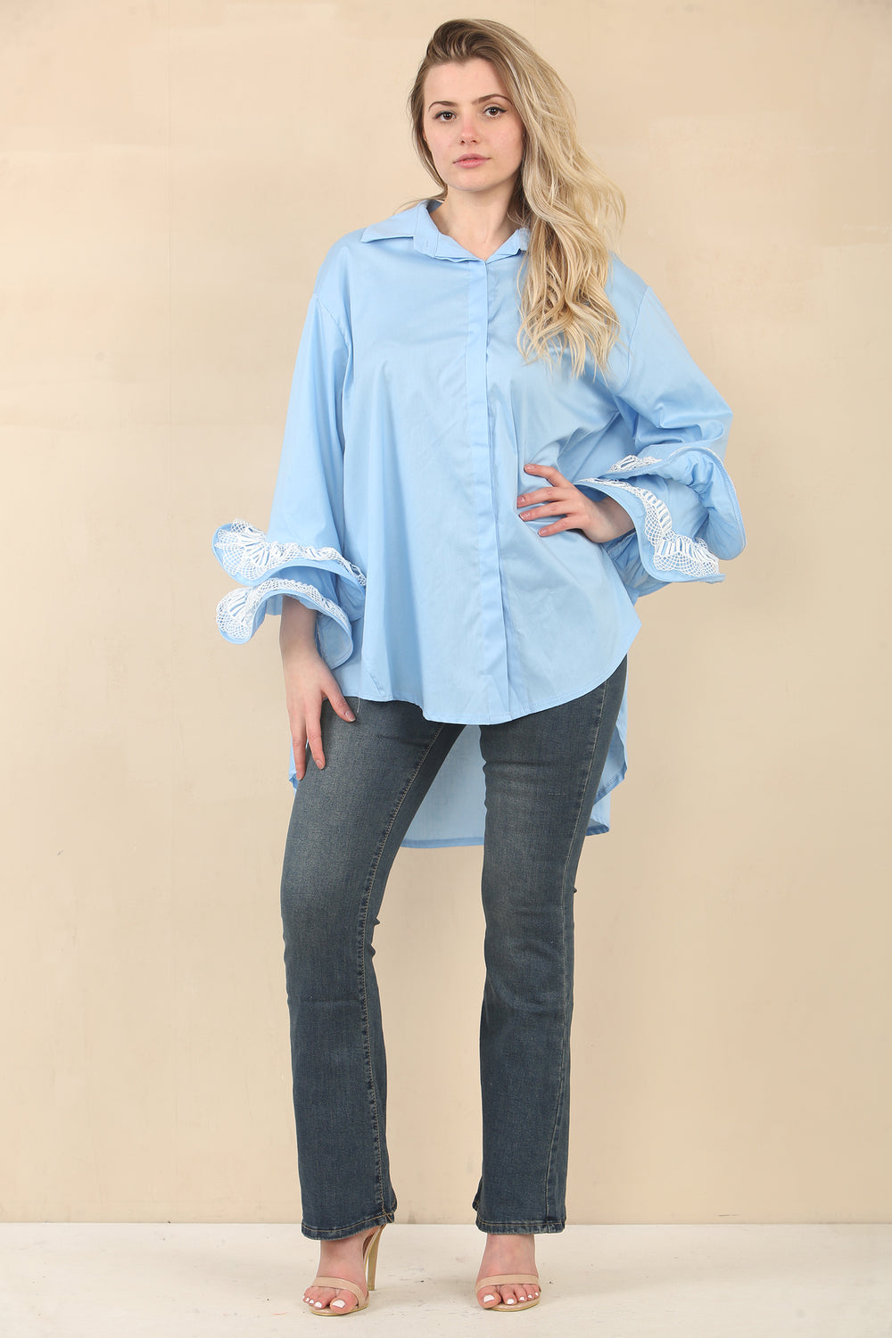 LACE RARA SLEEVE HIGH LOW SHIRT (15058942951808)