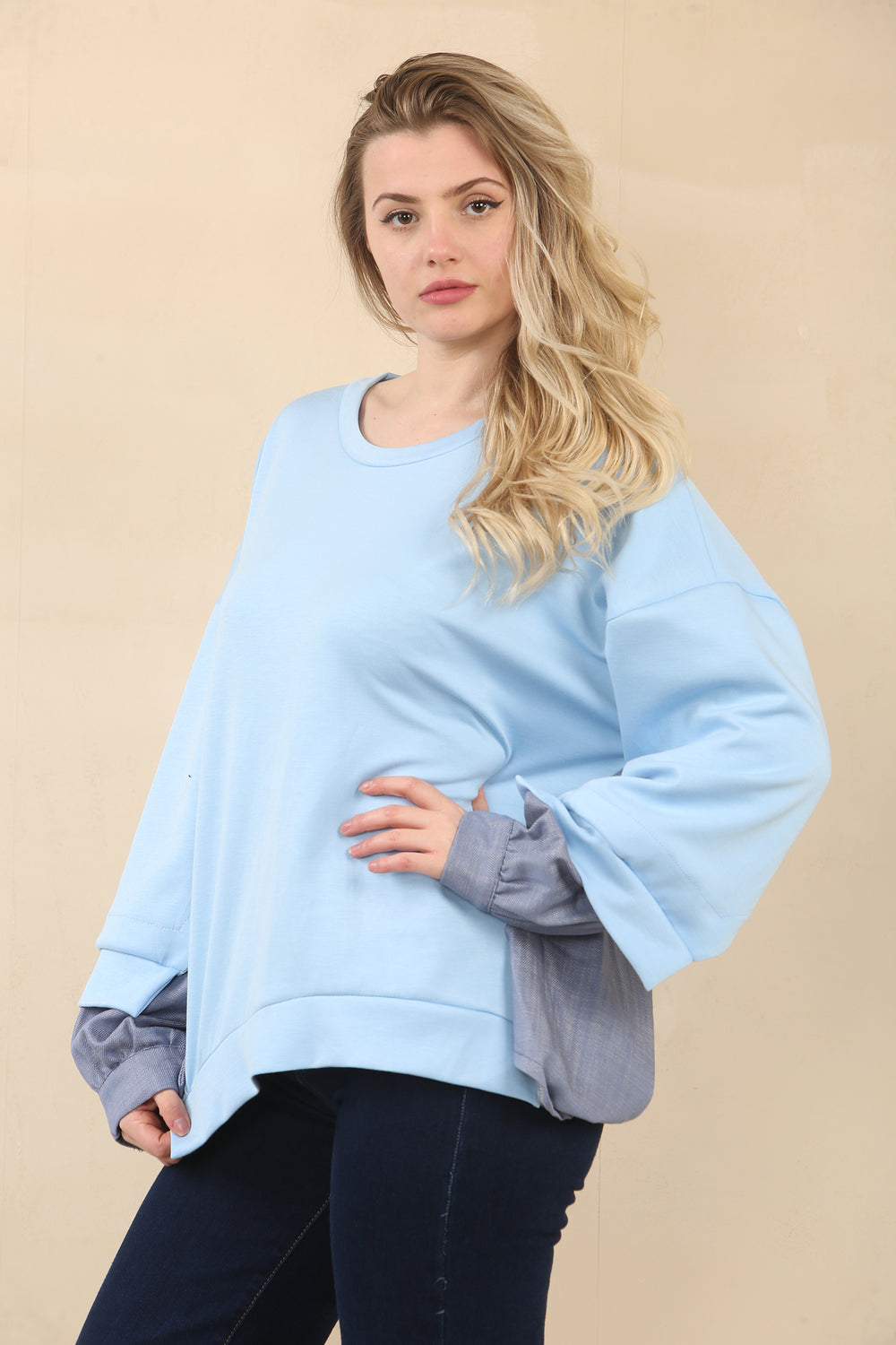 DENIM SHIRT DETAIL SWEAT (15067992719744)