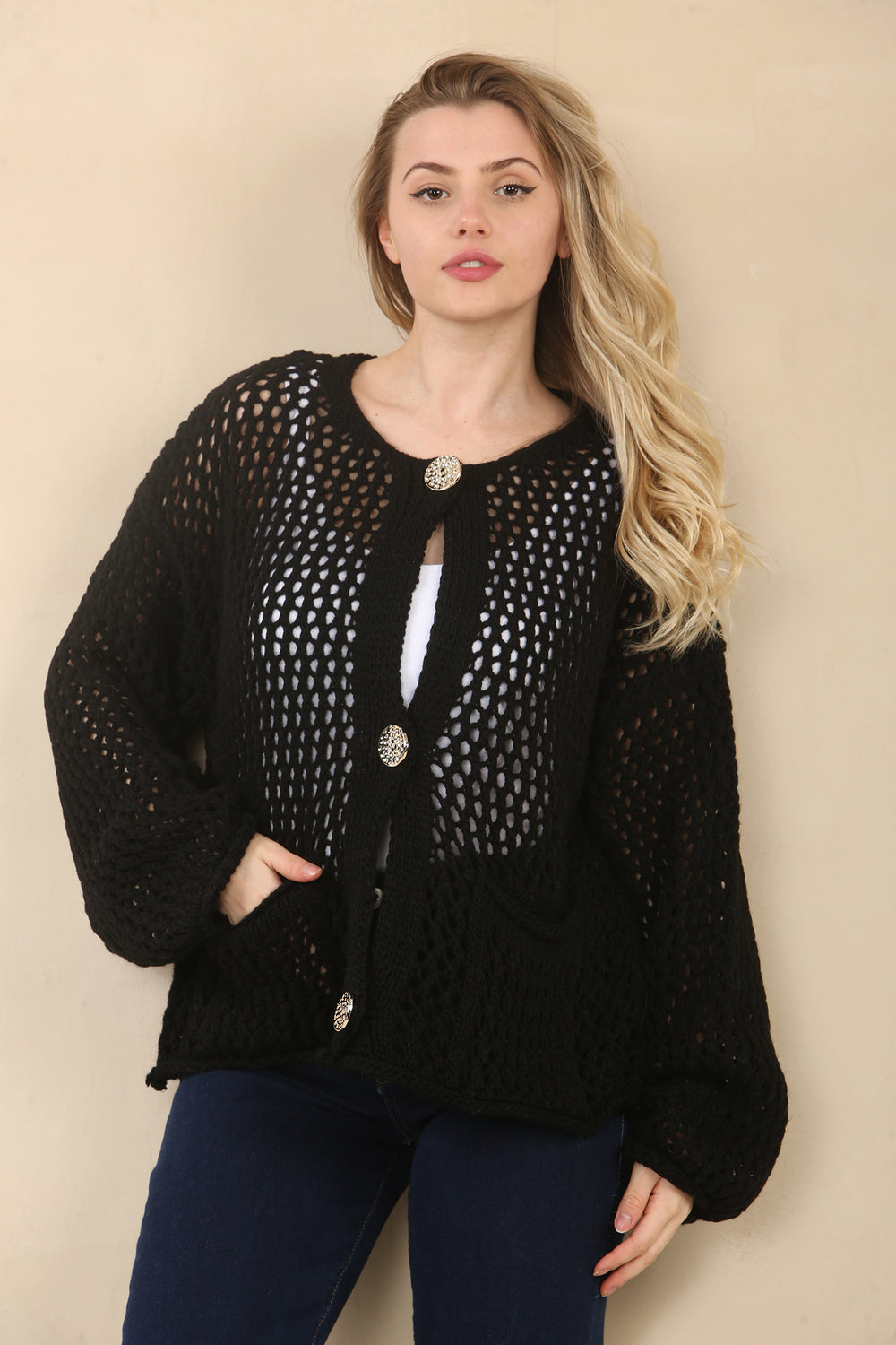 POCKET DETAIL GOLD BUTTON KNIT CARDIGAN (15067976794496)